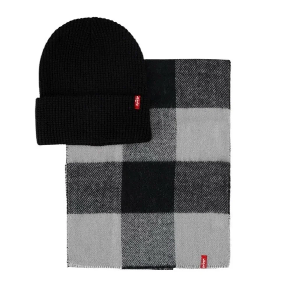 NWT Levi's Men's Black Waffle Beanie & Woven Buffalo Black Gray‎ Plaid Scarf Set
